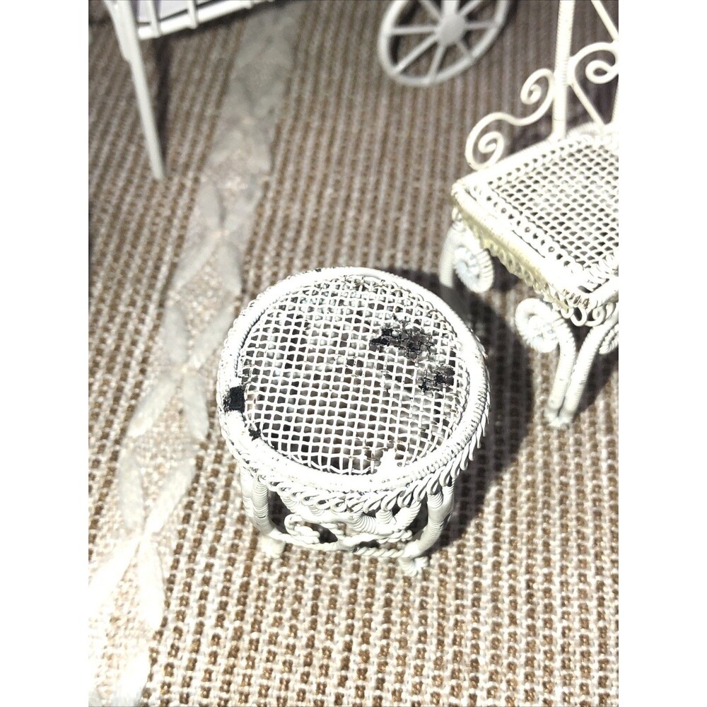 6 Pcs Miniatures White Metal Flower Cart, 2 Pedestals, Metal Chair and 2 Tables - Picture 8 of 16